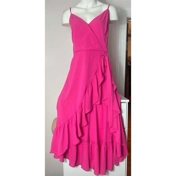 Do + Be Curve Hot Neon Pink High Low Ruffle Hem Faux Wrap Long Dress Size 1X - Picture 2 of 9